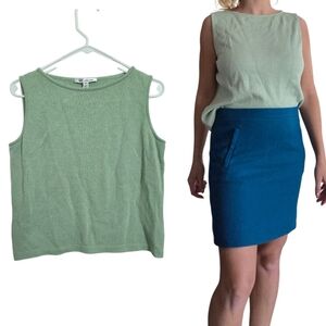 St. John Green Sleeveless Santana Knit Top Wool Rayon Made USA VTG Minimalist